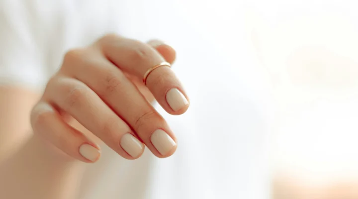 Ongles naturels soignés en manucure nude, résultat d'une prothésie ongulaire
